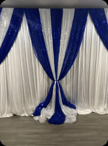 Blue and silver sequin backdrop
