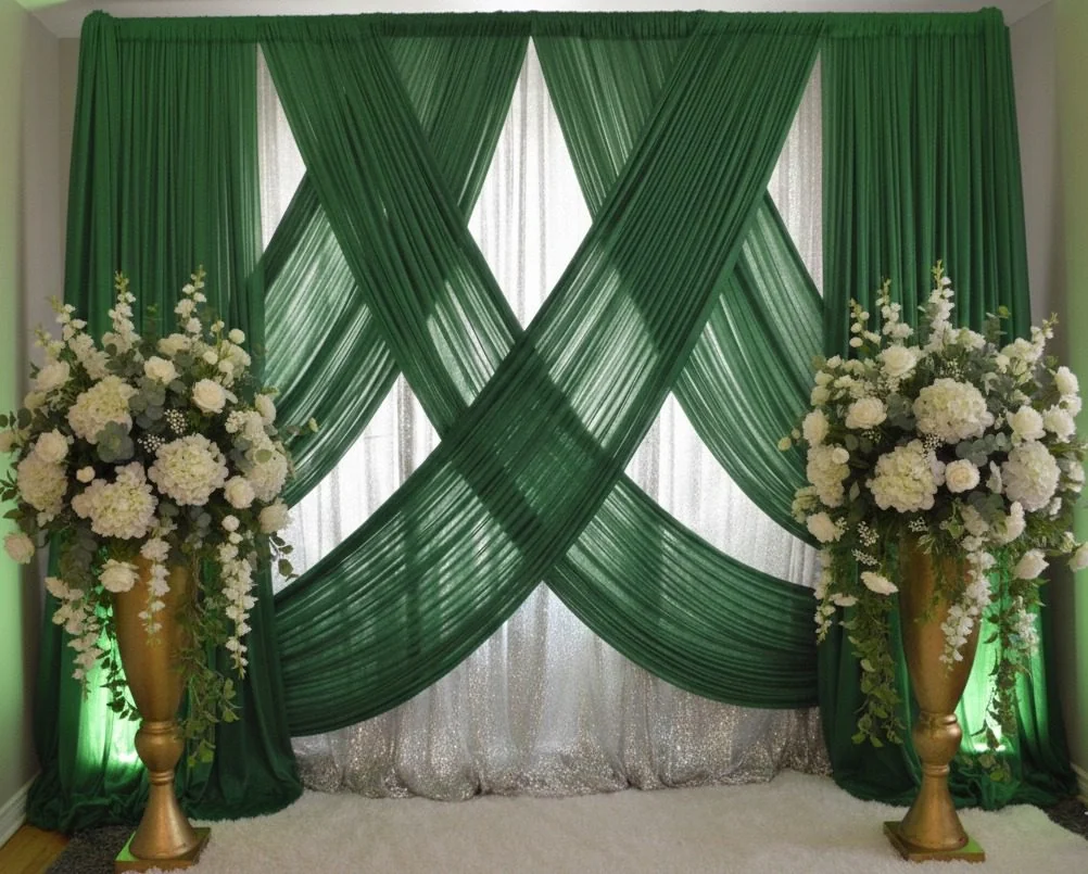 Green and white backdrop with flowers