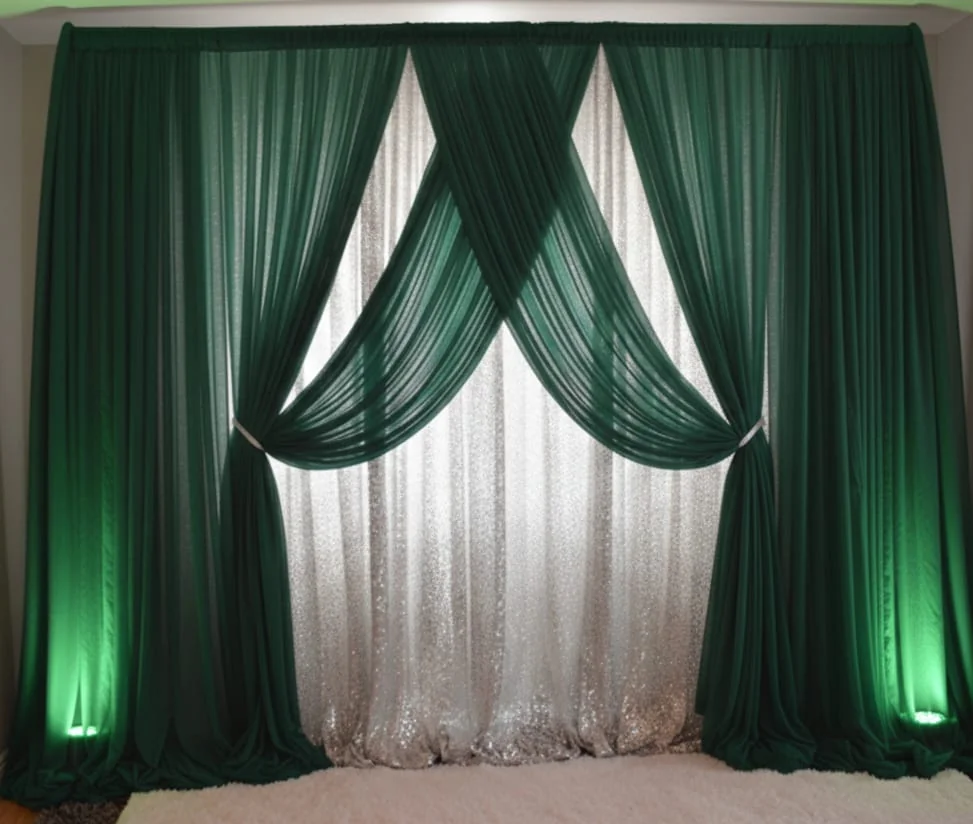 Green and white draped wedding backdrop