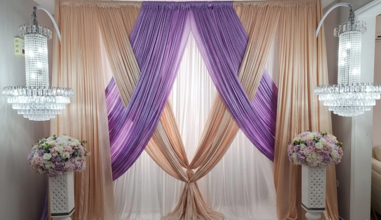 Purple and champagne draped wedding backdrop