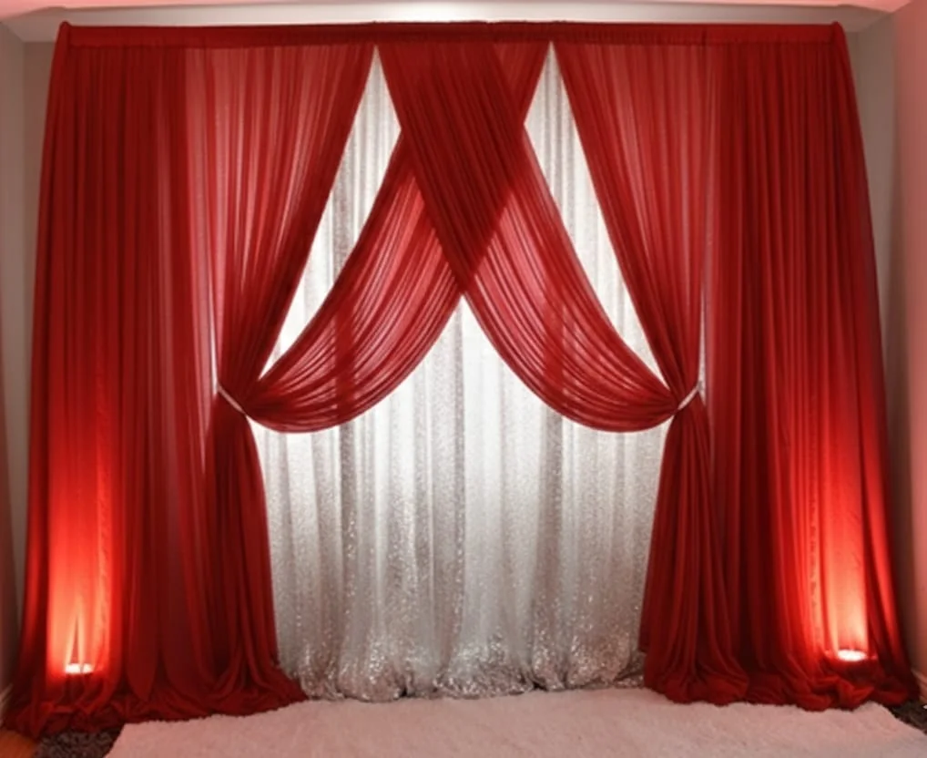 Red and white draped wedding backdrop