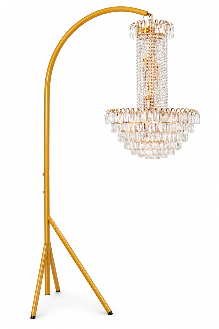Gold hanging chandelier and curved stand