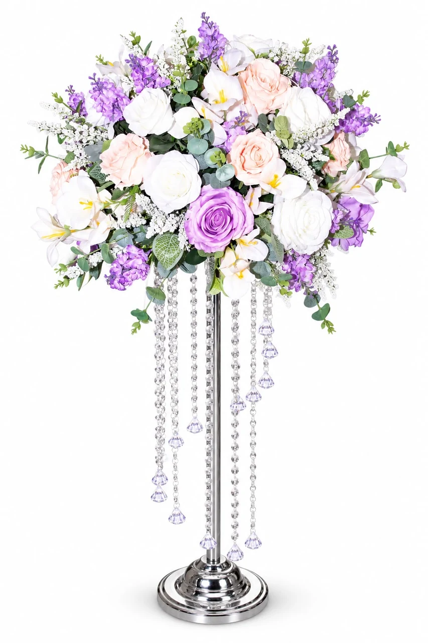 Pastel floral centerpiece with hanging crystal details