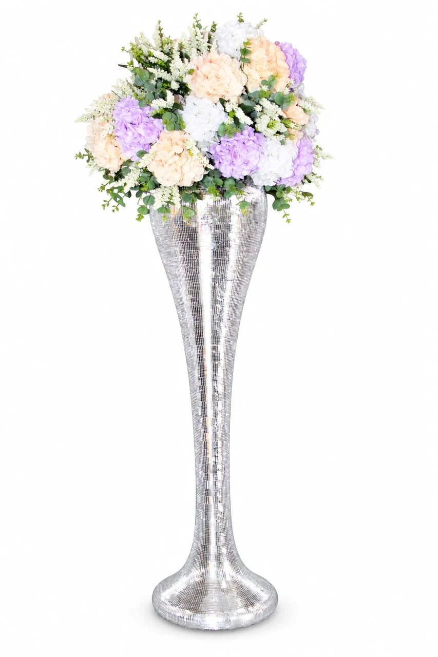 Silver mirror mosaic vase with pastel flowers