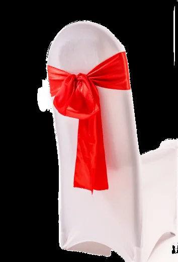 Red chair sash alternate view tied in a bow on a white covered chair