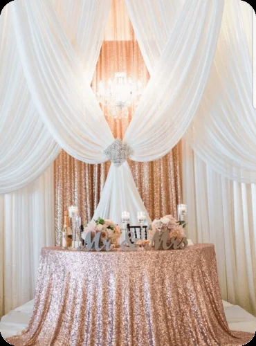 Rose gold sequin tablecloth styling
