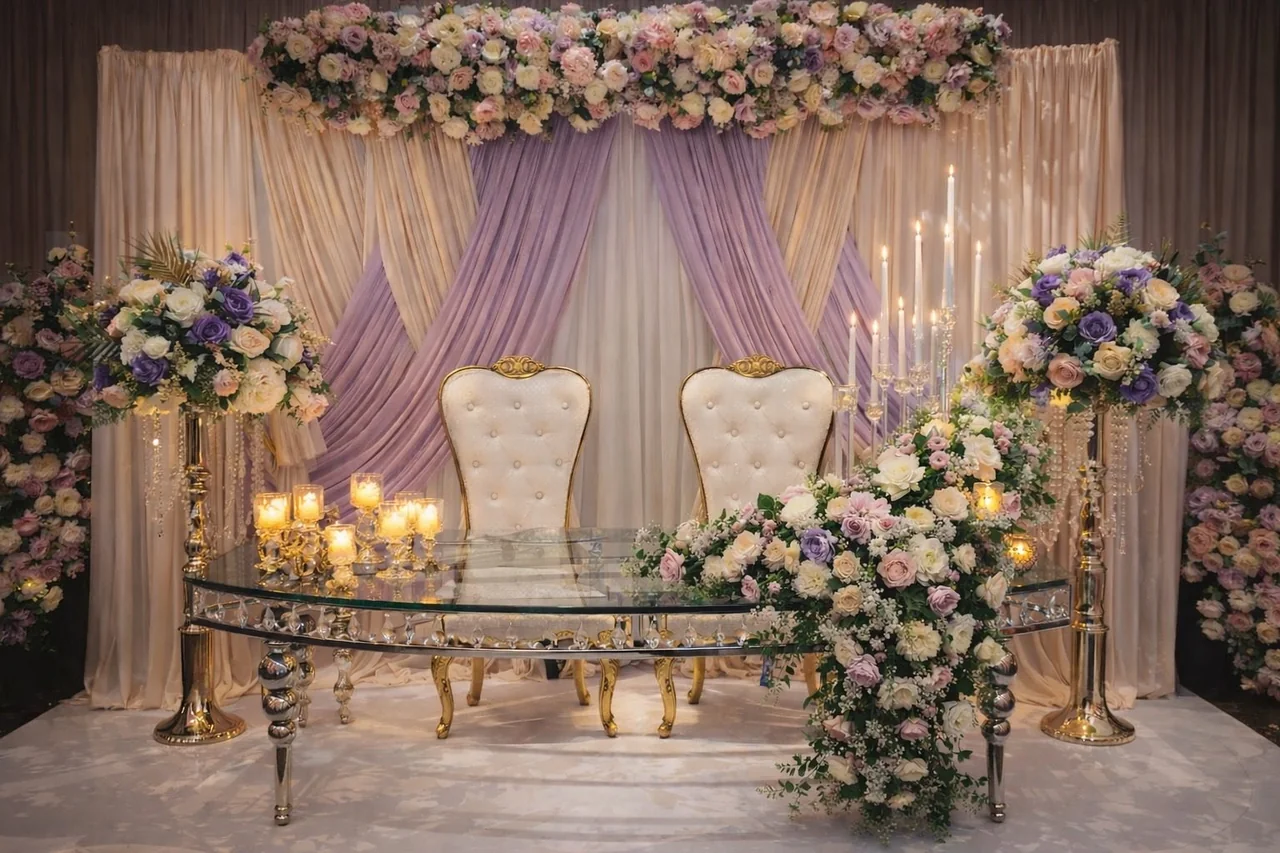 Purple and champagne sweetheart table with floral styling