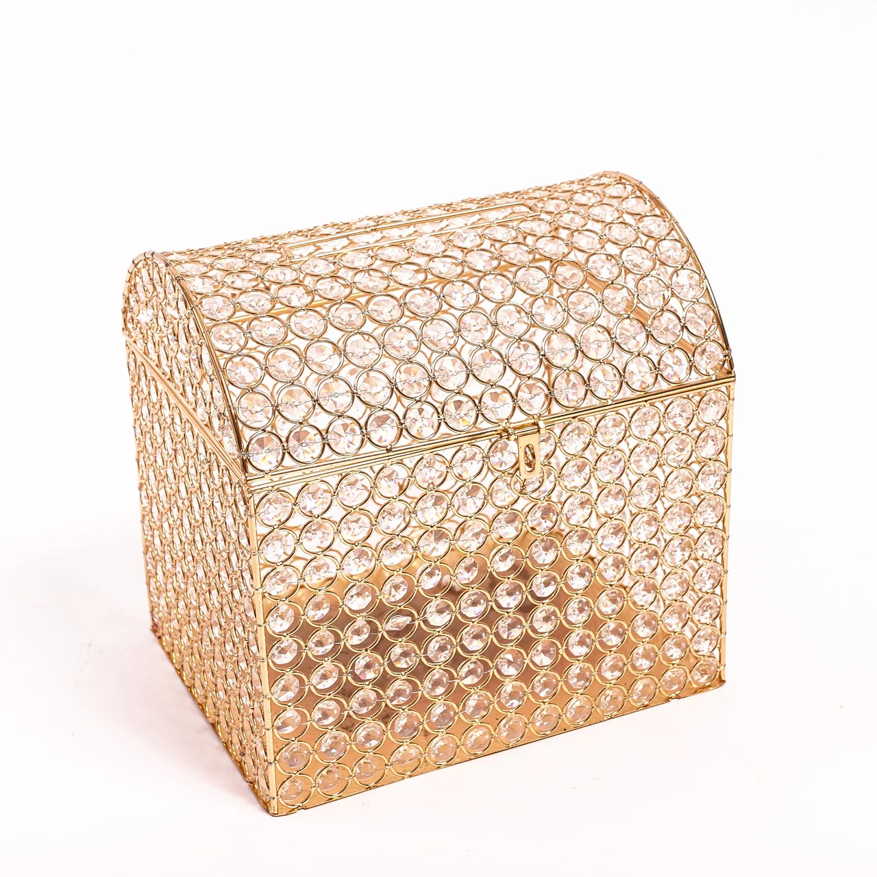 Gold decorative wedding money box with an arched lid and circular detailing