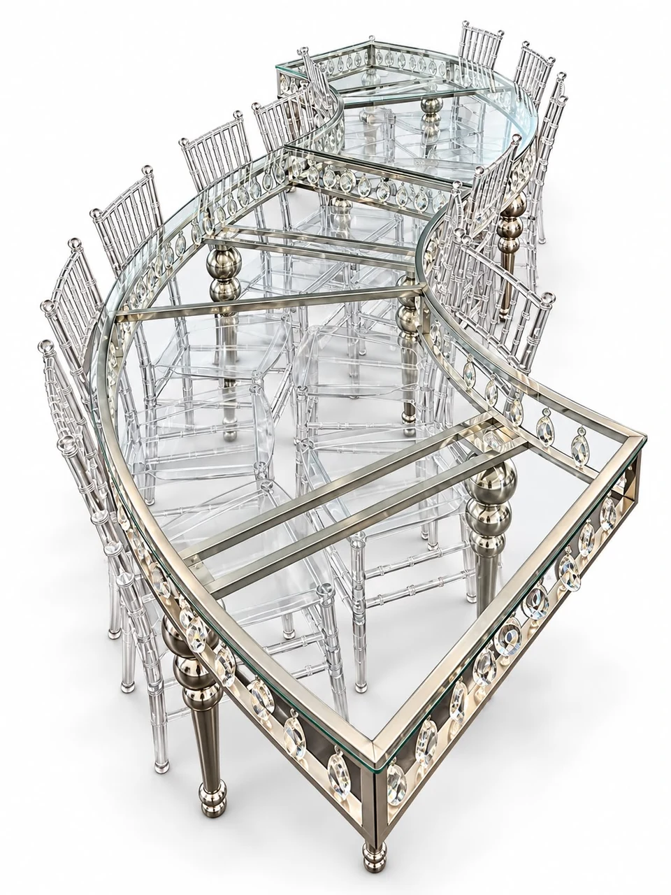 Silver curved reception table and chair arrangement