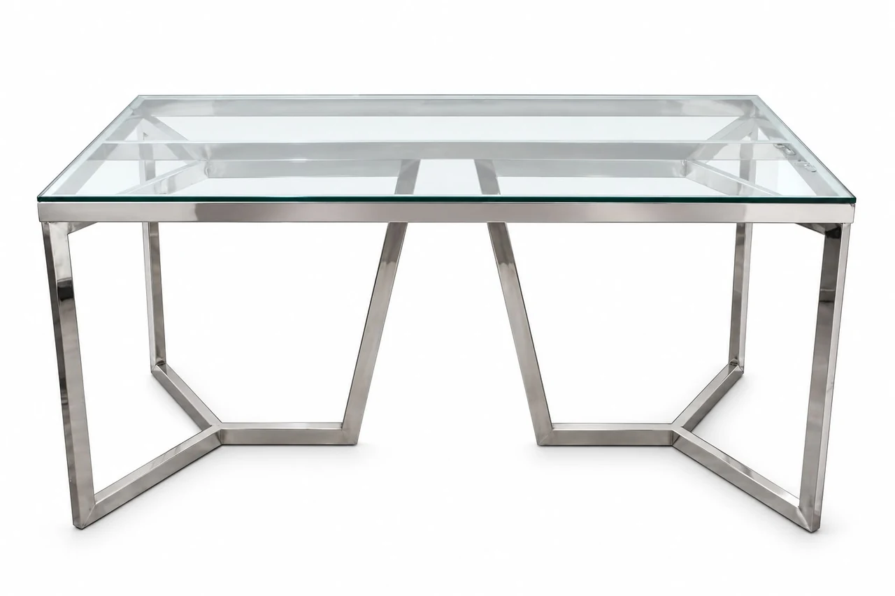 Silver framed rectangular glass top table