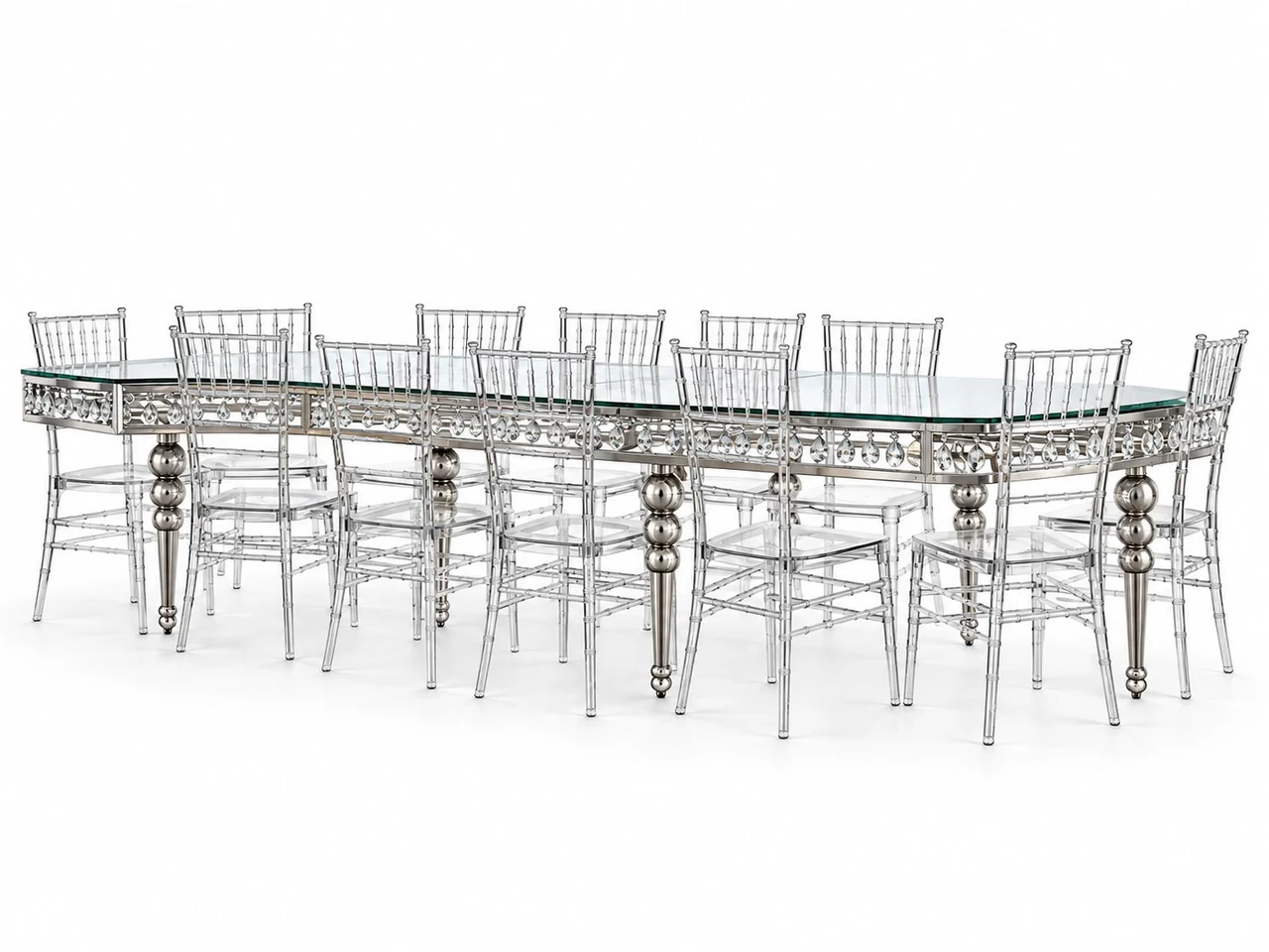 Silver straight reception table and chair arrangement